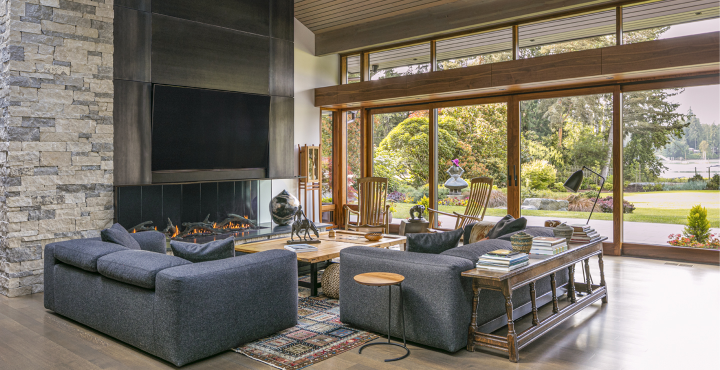 Port View living room fireplace and view