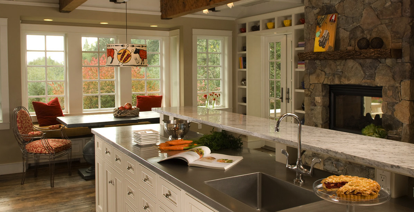 Chefs Kitchen and fireplace