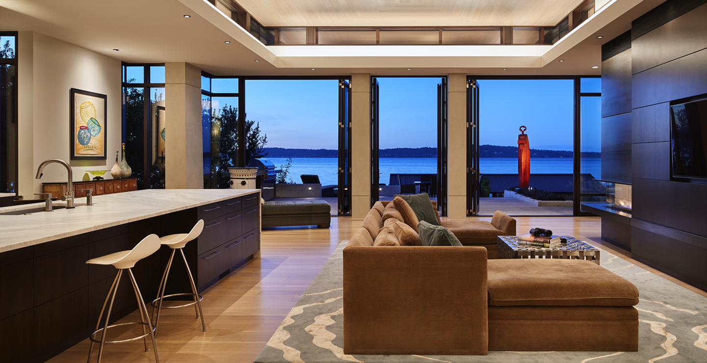 North Beach Contemporary living room and night water view